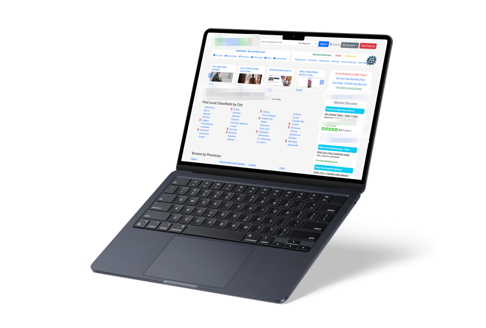 Classifieds marketplace homepage on a laptop