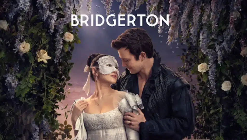 Bridgerton on Netflix Season 4 promotional image featuring a masked couple in a romantic garden setting